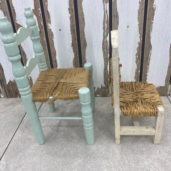 Vintage Little Decorative/ Doll Ladder back Chairs Wicker & Rattan White Green - Picture 6 of 11